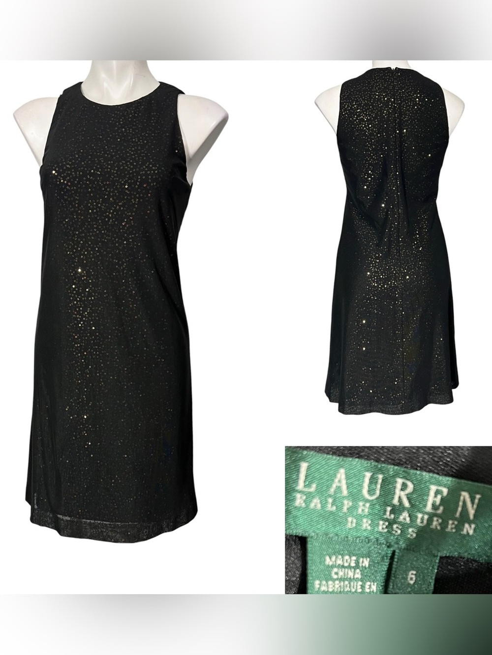Lauren Ralph Lauren Shift Dress black/Gold sequin sleeveless knee length